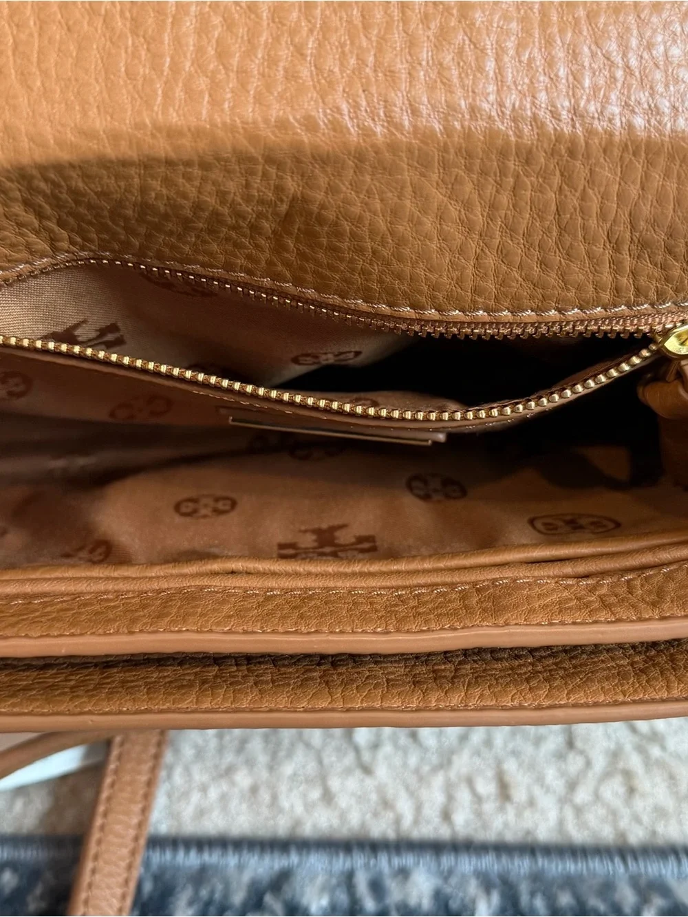 Tory Burch Caramel Tan Leather Crossbody with Gold Logo